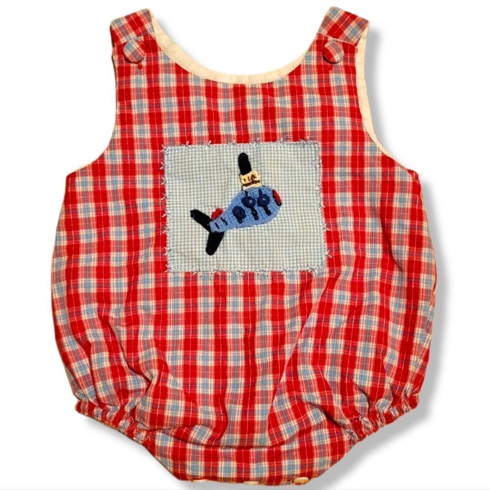 Vintage Beehave red blue plaid bubble romper airplane detail